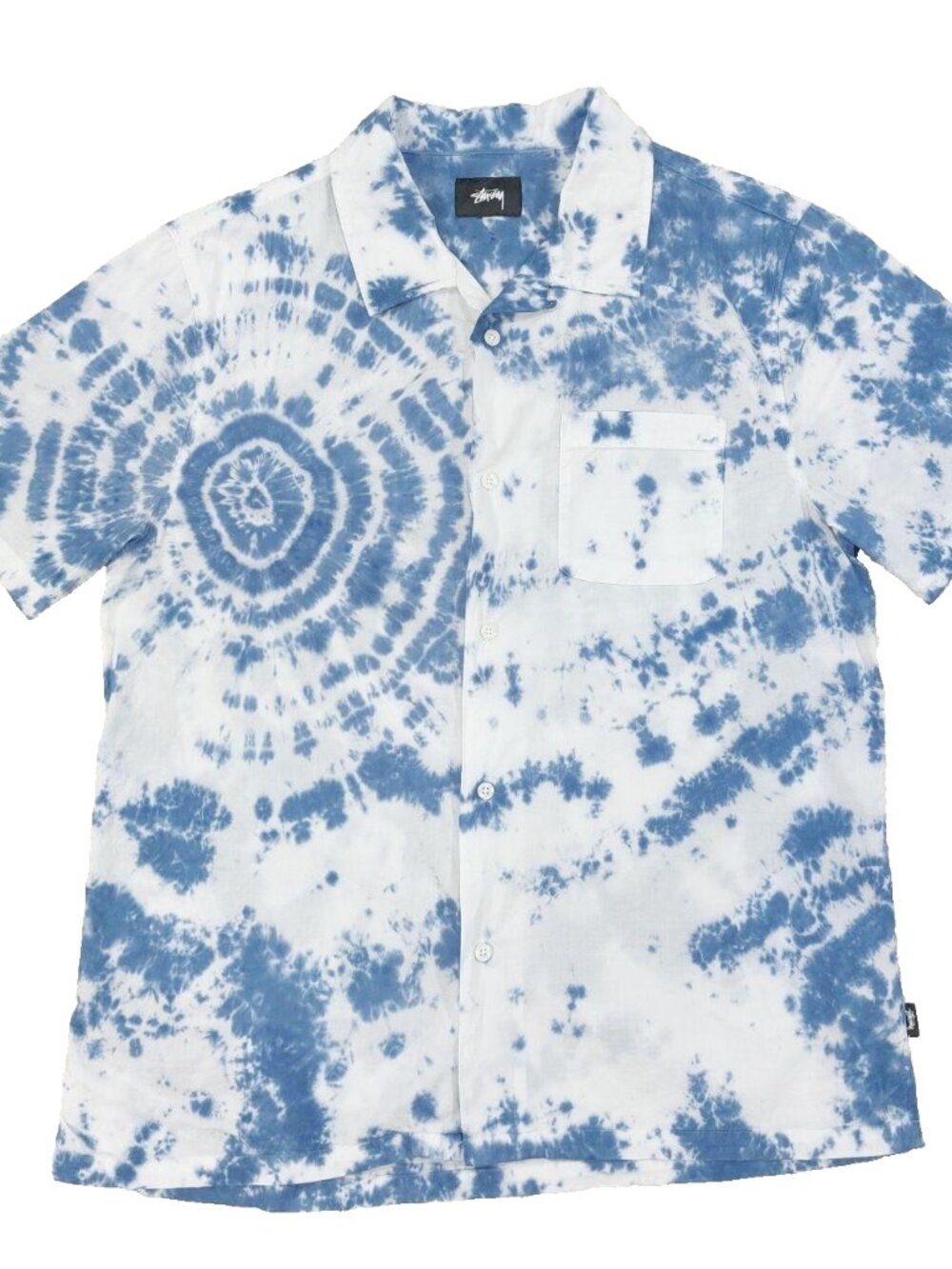 Stussy Tie-Dye Camp Shirt Mens Large, Blue/White, Short Sleeve, Cotton, Summer